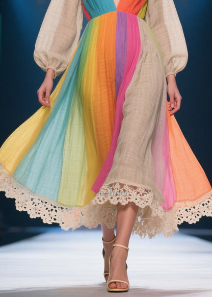 Rainbow V Neck Patchwork Linen Party Dress Lantern Sleeve