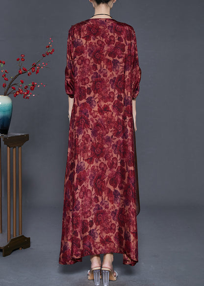 Red Asymmetrical Print Silk Robe Dresses Spring