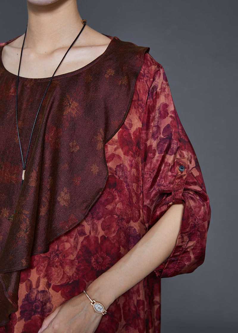 Red Asymmetrical Print Silk Robe Dresses Spring