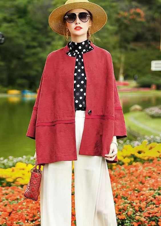 Red Batwing Sleeve Patchwork Cotton Cardigan Coat Fall