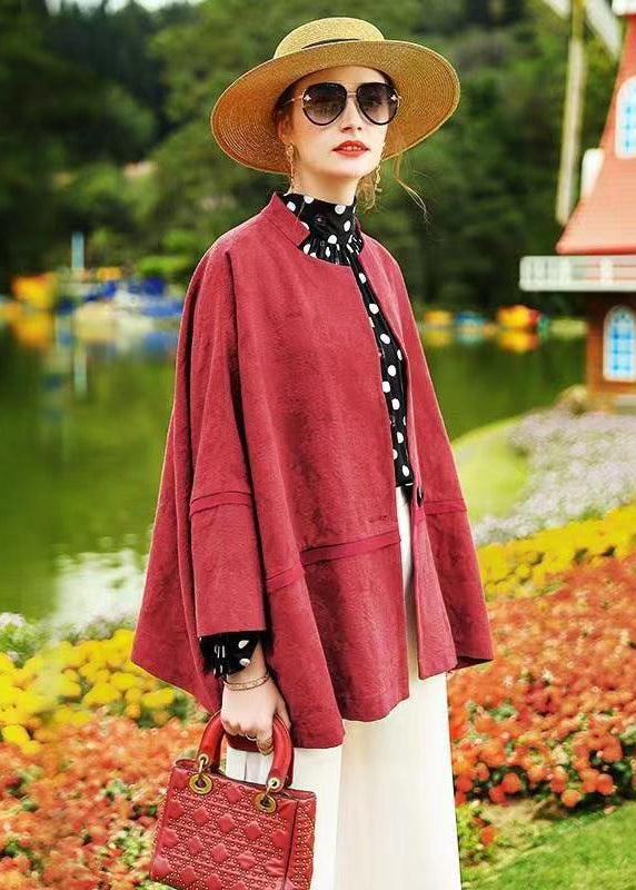 Red Batwing Sleeve Patchwork Cotton Cardigan Coat Fall