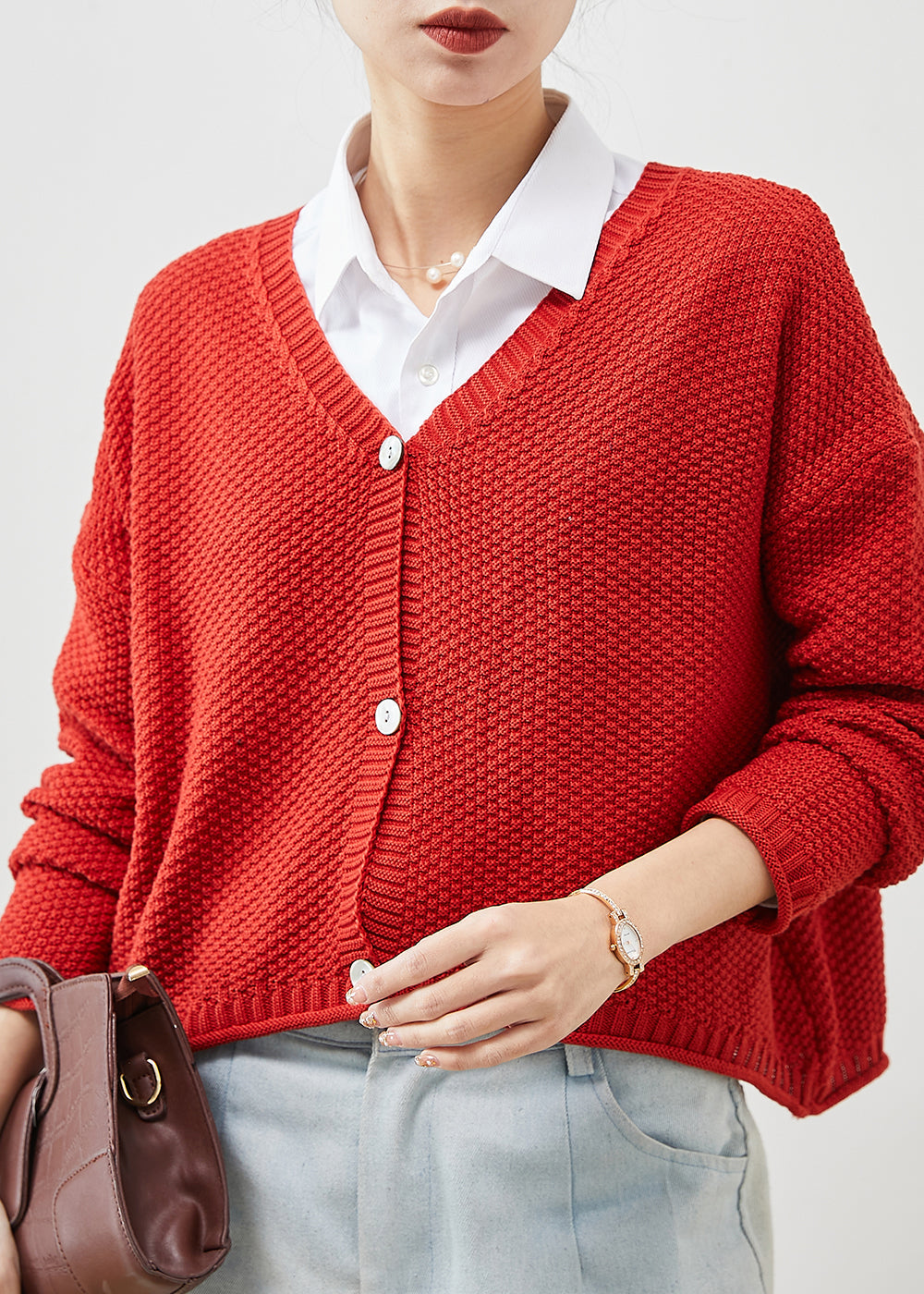 Red Button Down Knit Loose Cardigan Spring