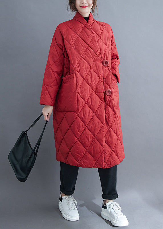 Red Button Pockets Cotton Filled Long Parka Winter