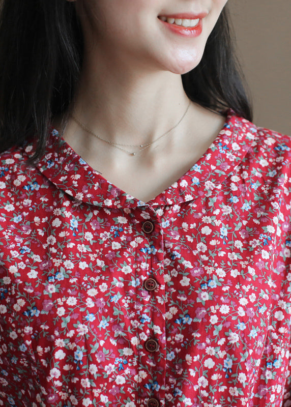 Red Cinched Print Button Cotton Long Dress Half Sleeve