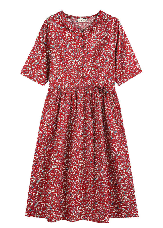 Red Cinched Print Button Cotton Long Dress Half Sleeve