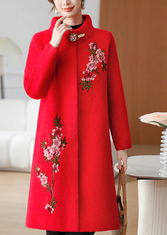 Red Embroidered Long Mink Velvet Coats Spring