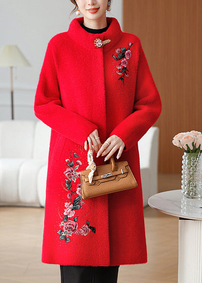 Red Embroidered Long Mink Velvet Coats Spring