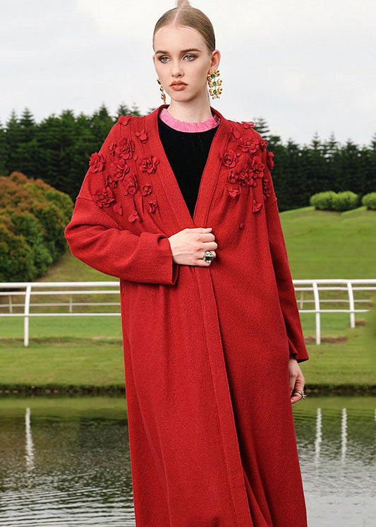 Red Embroidered Woolen Long Cardigan Fall