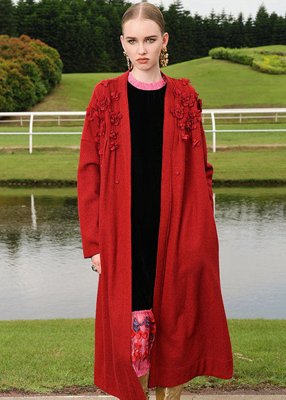 Red Embroidered Woolen Long Cardigan Fall