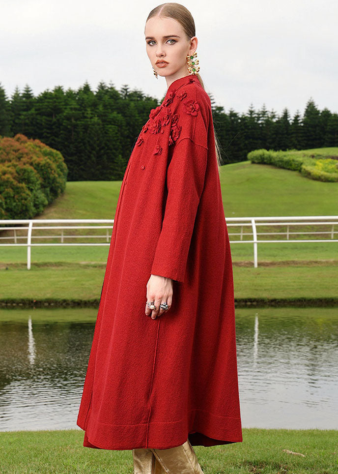 Red Embroidered Woolen Long Cardigan Fall