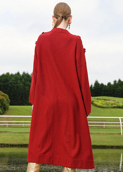 Red Embroidered Woolen Long Cardigan Fall
