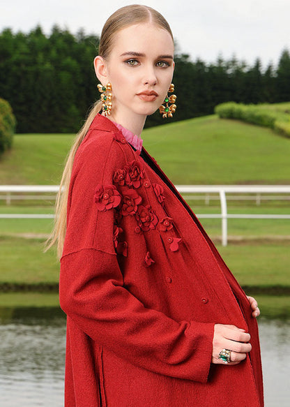 Red Embroidered Woolen Long Cardigan Fall
