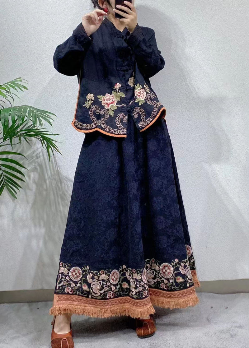 Red Embroideried Oriental Button Linen Coats Spring