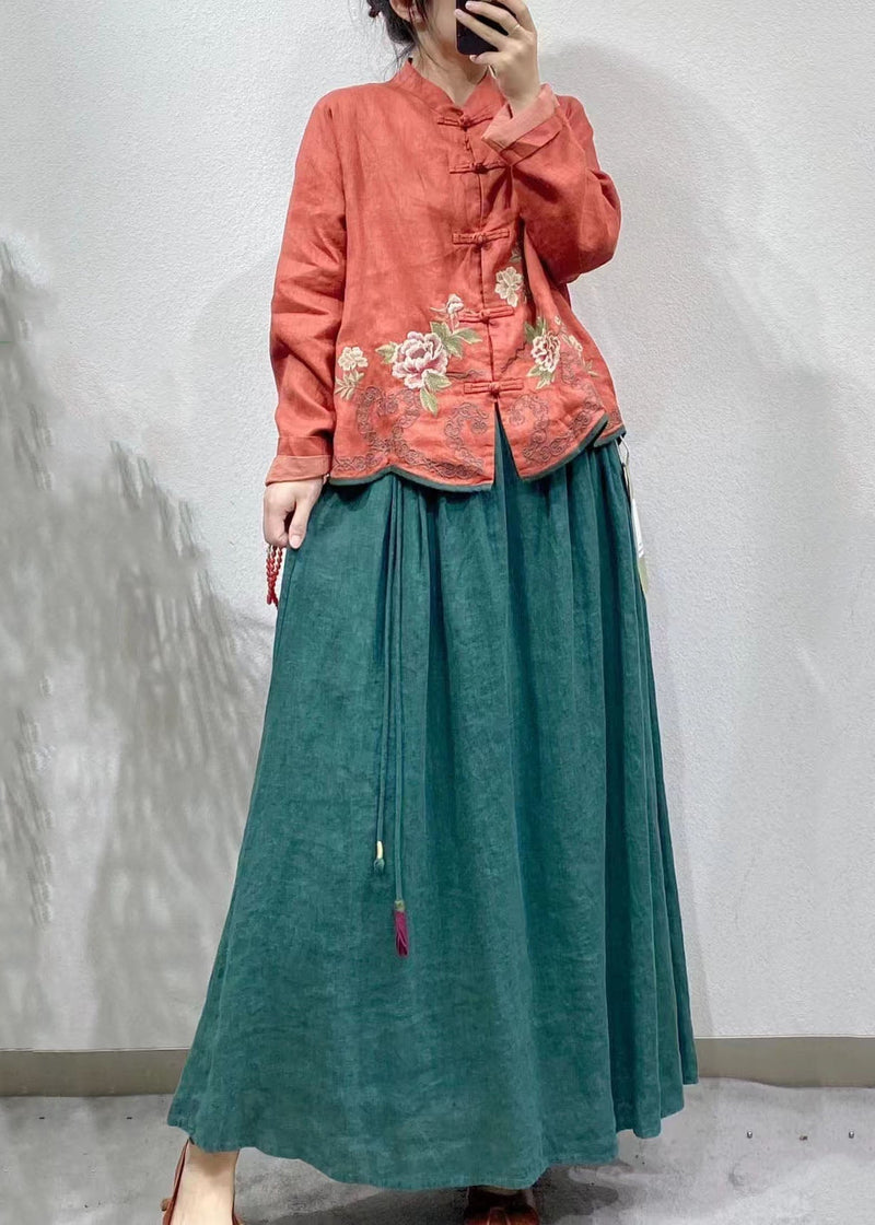 Red Embroideried Oriental Button Linen Coats Spring