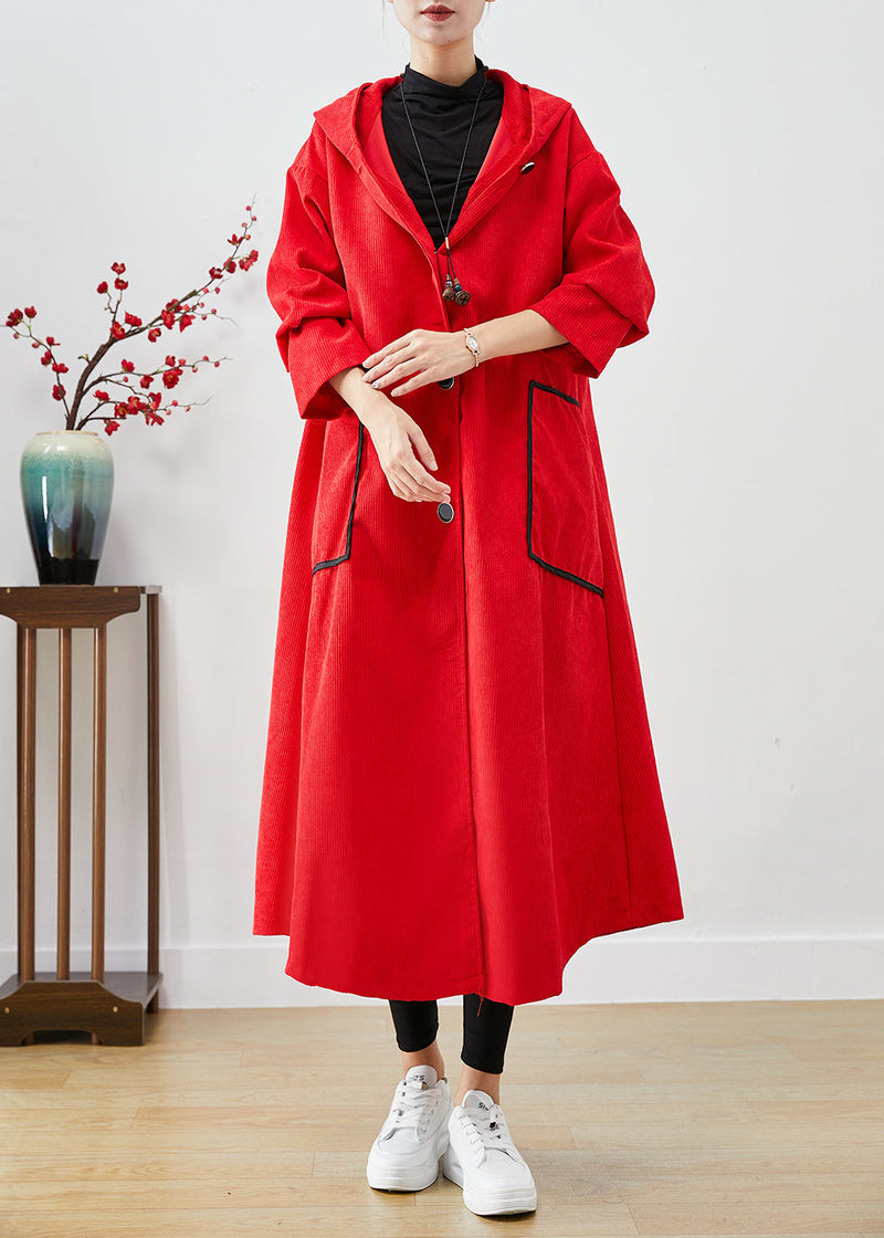 Red Hooded Big Pockets Corduroy Trench Coat Fall