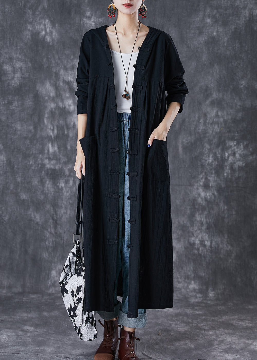 Red Hooded Chines Button Cotton Trench Fall
