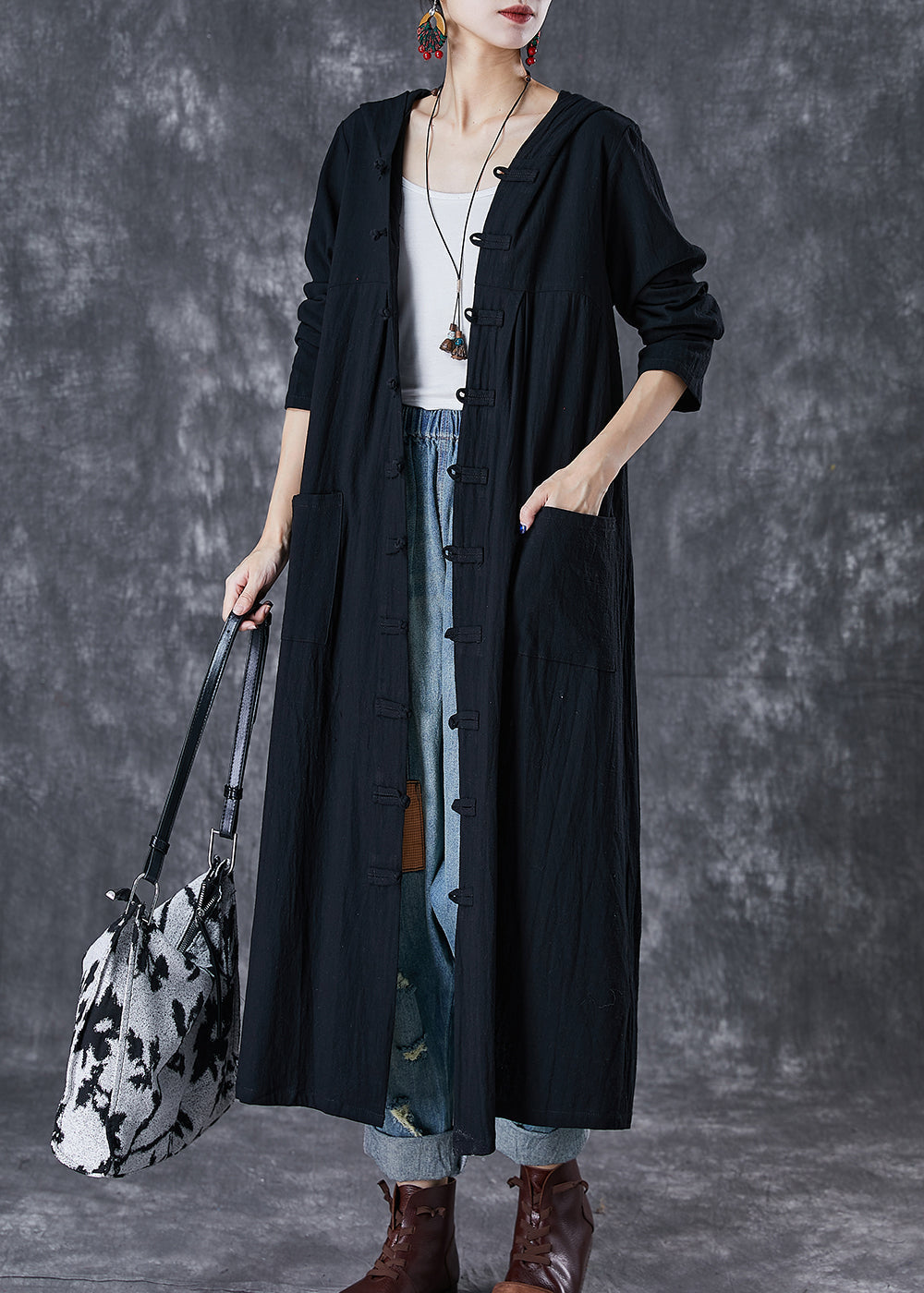 Red Hooded Chines Button Cotton Trench Fall