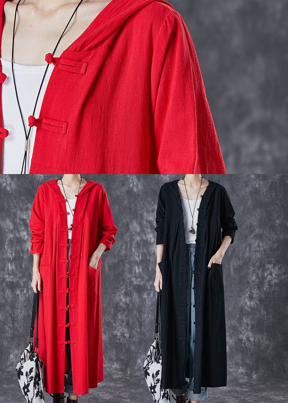 Red Hooded Chines Button Cotton Trench Fall