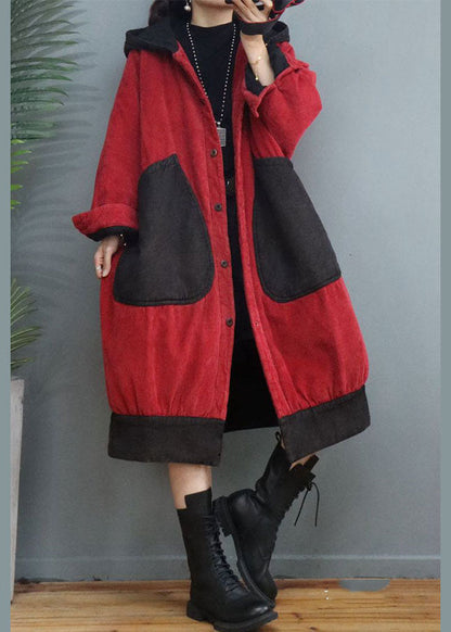 Red Hooded Patchwork Corduroy Winter Coats Winter