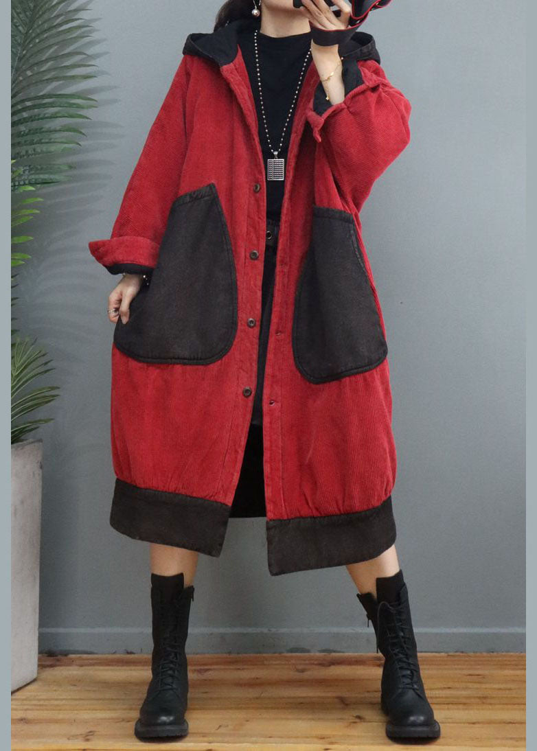 Red Hooded Patchwork Corduroy Winter Coats Winter