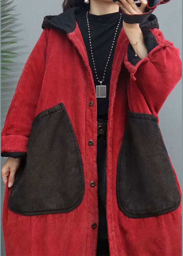 Red Hooded Patchwork Corduroy Winter Coats Winter