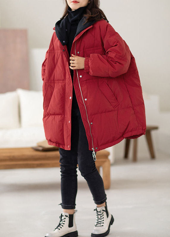 Red Hooded Patchwork Duck Down Puffers Jackets Winter