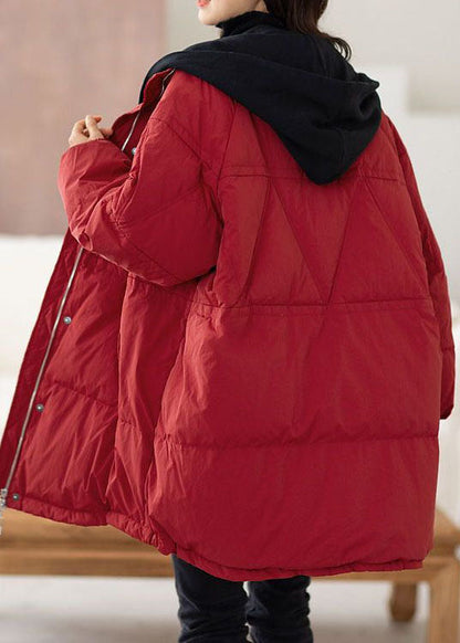Red Hooded Patchwork Duck Down Puffers Jackets Winter