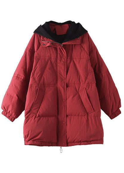 Red Hooded Patchwork Duck Down Puffers Jackets Winter