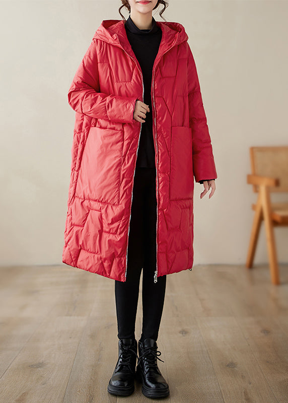 Red Hooded Pockets Fine Cotton Filled Coat Winter