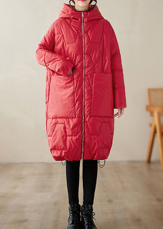 Red Hooded Pockets Fine Cotton Filled Coat Winter