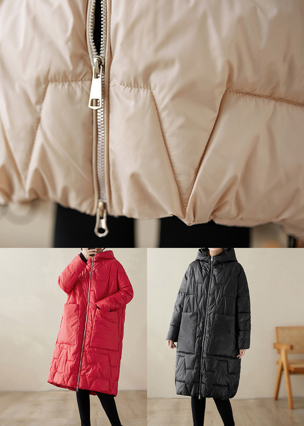 Red Hooded Pockets Fine Cotton Filled Coat Winter