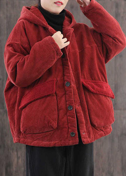 Red Hooded Pockets Fine Cotton Filled Corduroy Parka Jacket Winter