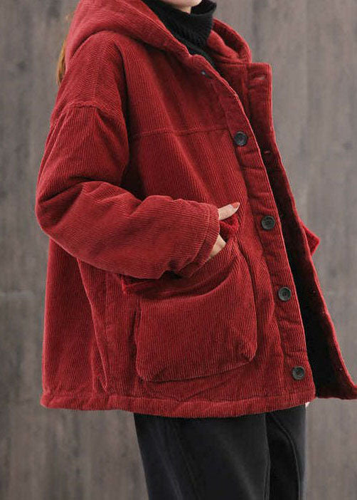 Red Hooded Pockets Fine Cotton Filled Corduroy Parka Jacket Winter