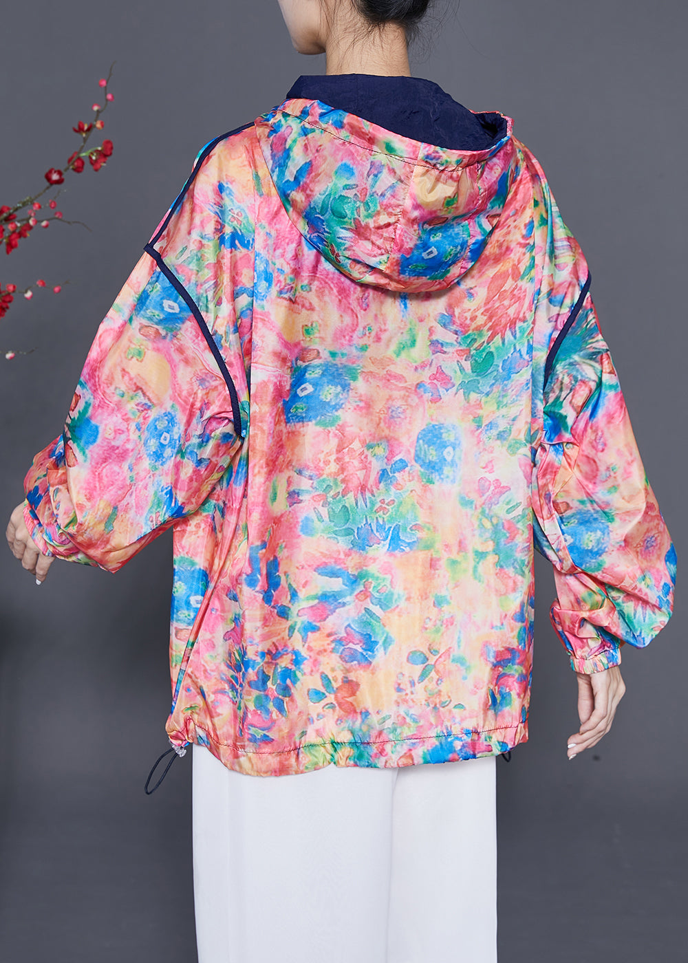 Red Hooded Print Drawstring Upf 50+ Coat Jacket Summer