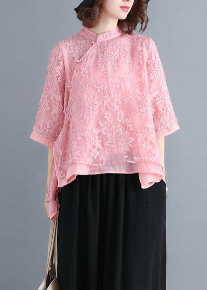 Red Lace Three Quarter Sleeve Oriental Loose Summer Top