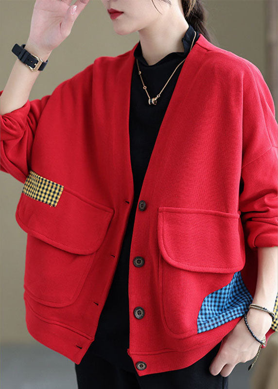 Red Loose Pockets Button Fall Long Sleeve Coat