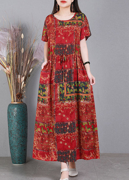Red O-neck Cinched Print Drawstring Silk Long Dresses Short Sleeve