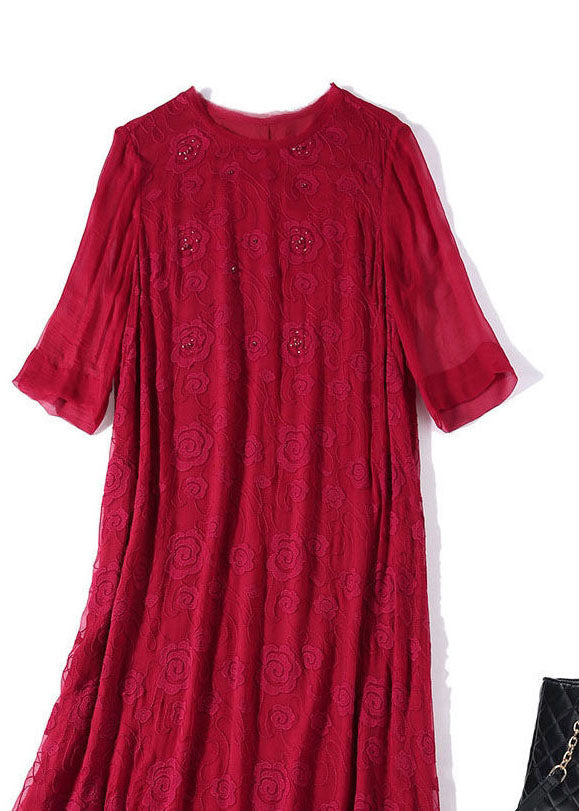 Red O-neck Embroideried Silk Dresses Long Sleeve