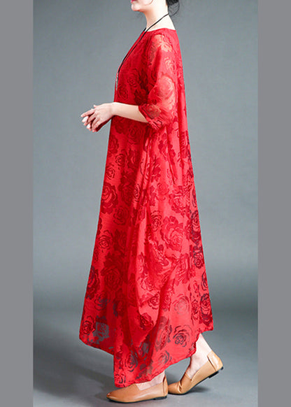 Red O-neck Lace Holiday Maxi Dress Summer
