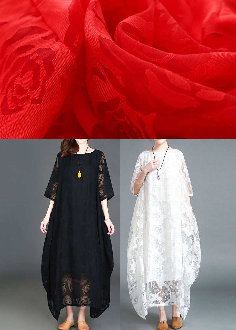 Red O-neck Lace Holiday Maxi Dress Summer