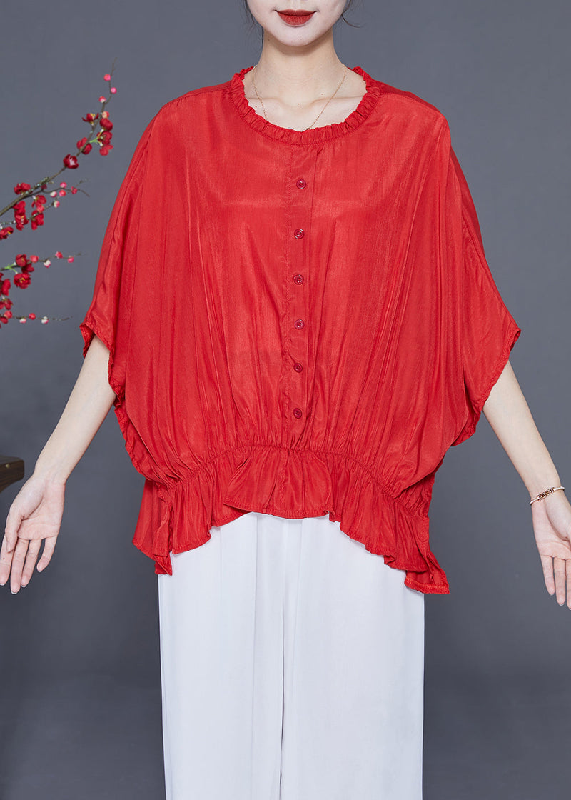Red O-neck Oversized Wrinkled Silk Blouses Batwing Sleeve
