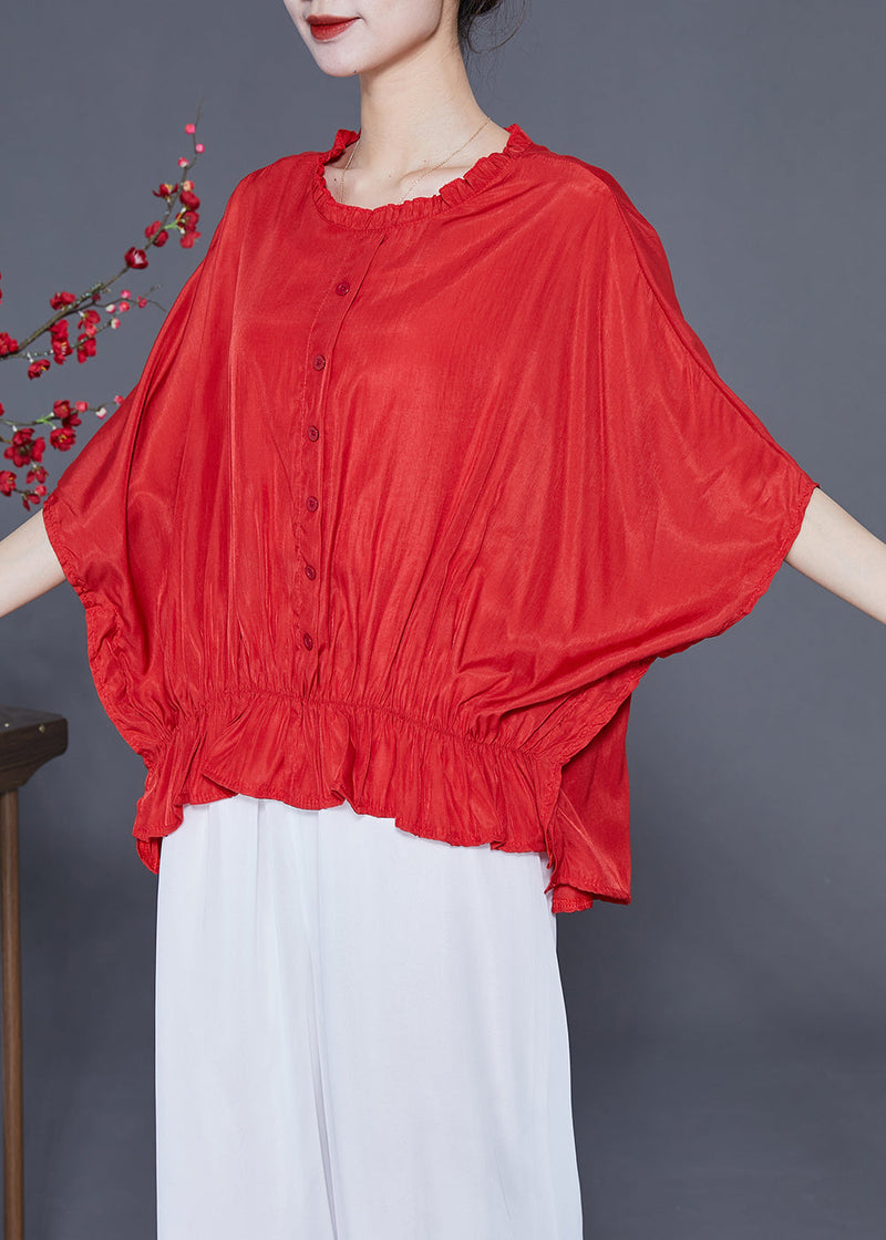 Red O-neck Oversized Wrinkled Silk Blouses Batwing Sleeve