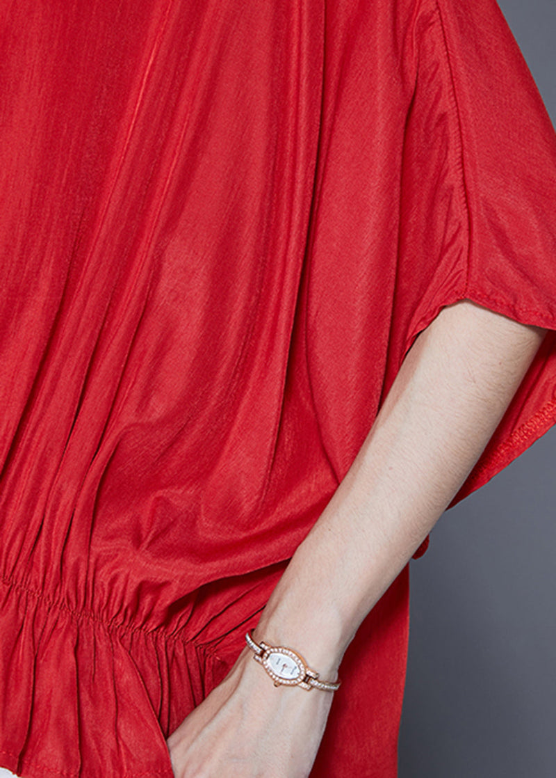 Red O-neck Oversized Wrinkled Silk Blouses Batwing Sleeve