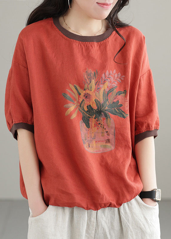 Red O-neck Patchwork Print Linen Tank Short Sleeve