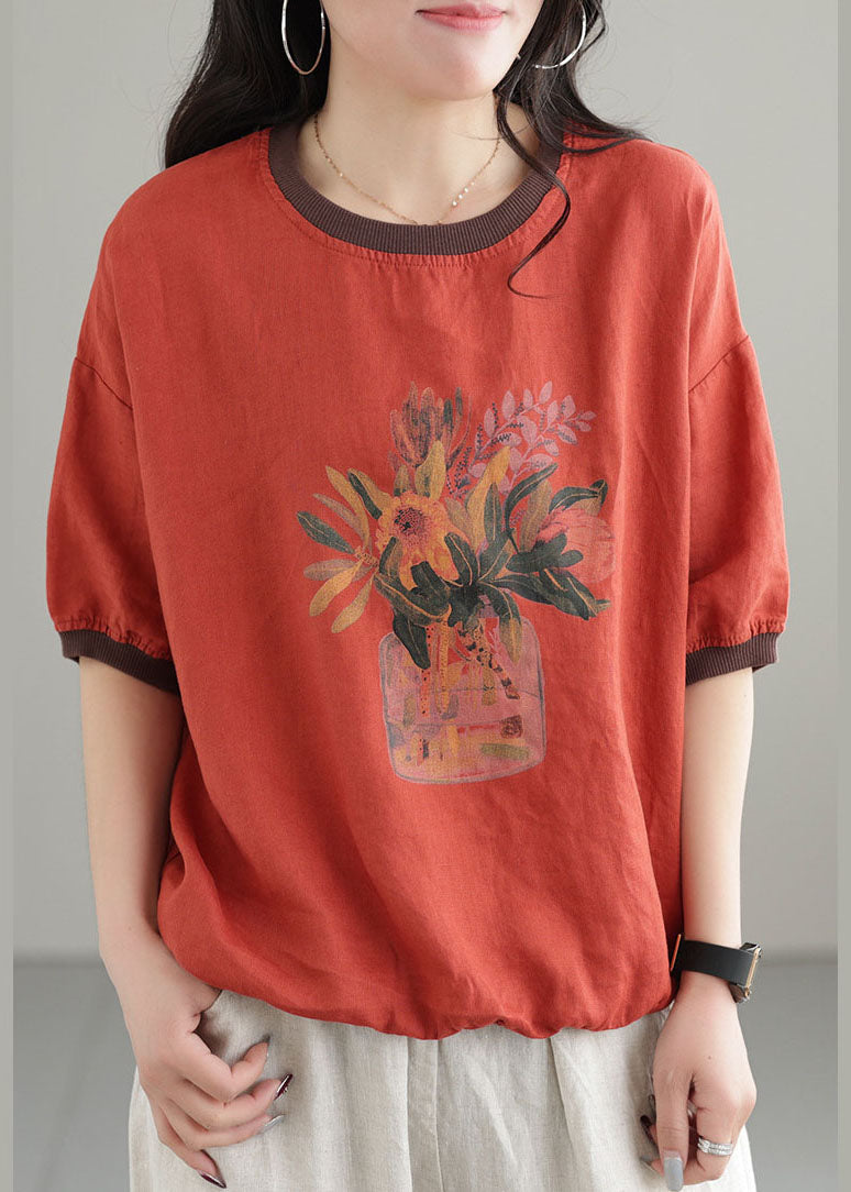 Red O-neck Patchwork Print Linen Tank Short Sleeve