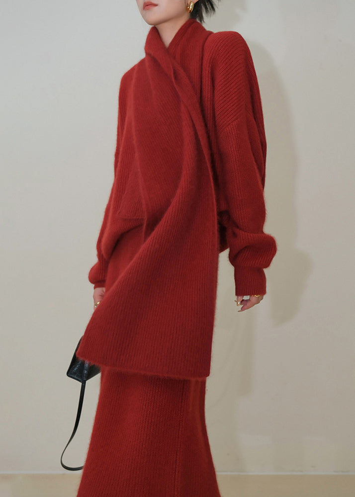 Red O-neck Patchwork Sweaters and Skirts Knit Two Pieces Set Fall