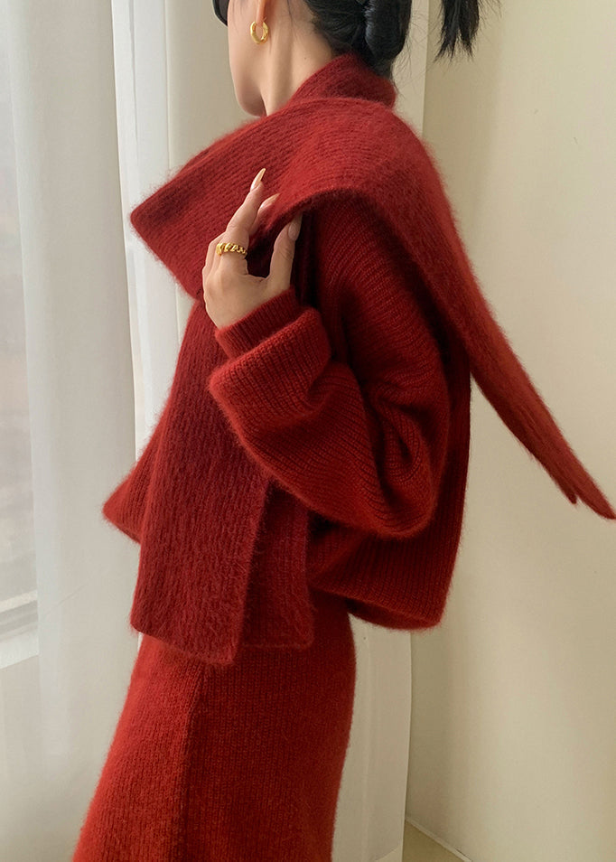 Red O-neck Patchwork Sweaters and Skirts Knit Two Pieces Set Fall