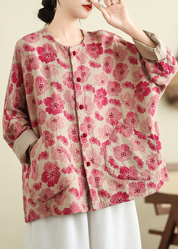 Red O Neck Pockets Print Cotton Shirts Coat Spring