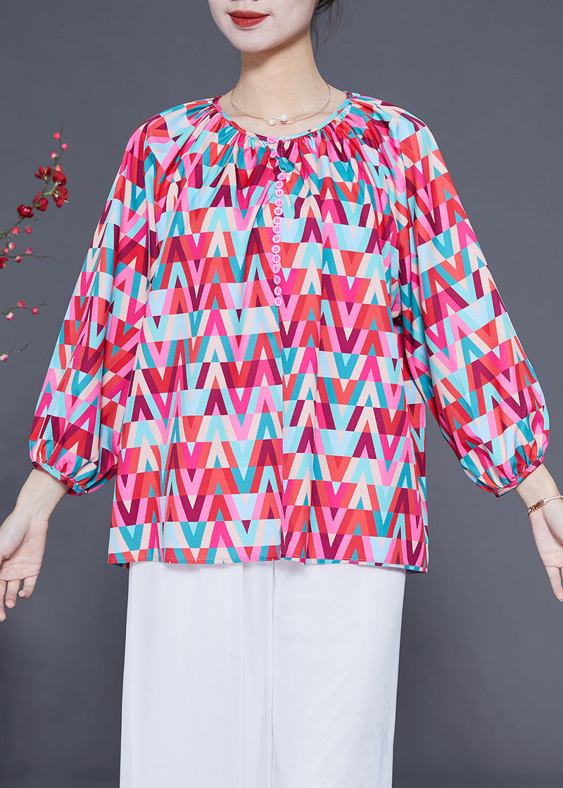 Red O-neck Print Button Chiffon Blouse Top Bracelet Sleeve