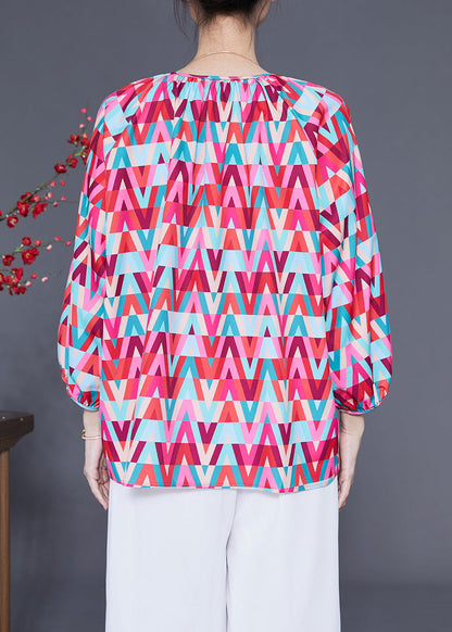 Red O-neck Print Button Chiffon Blouse Top Bracelet Sleeve